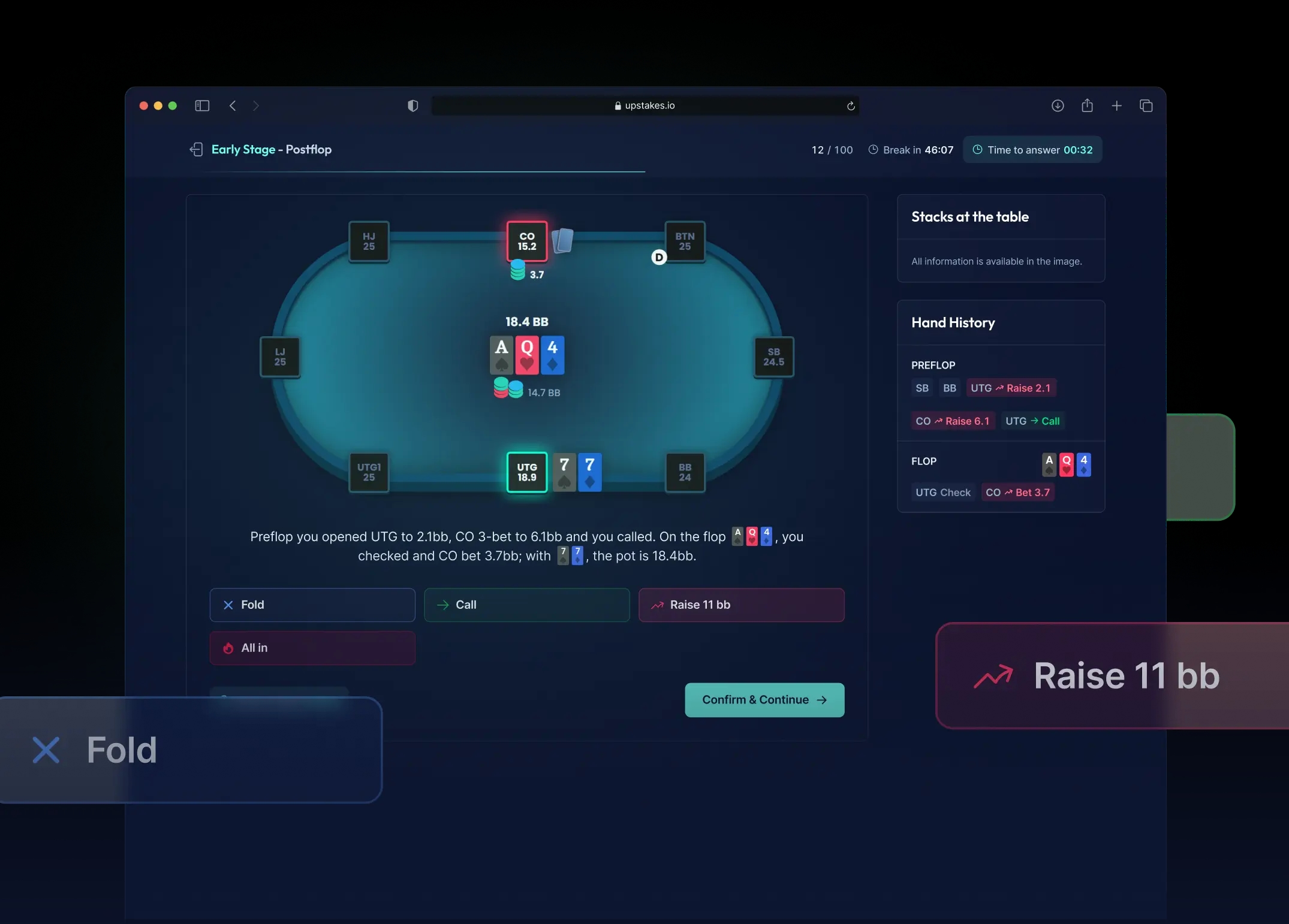 Poker table gameplay with Fold, Call and Raise buttons